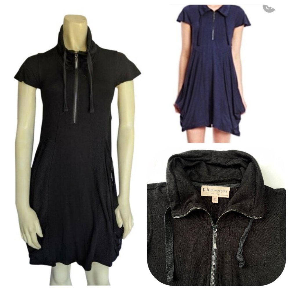 Philosophy Black Sleeve Half Zip Mesh Pockets Casual Dress - Picture 1 of 16